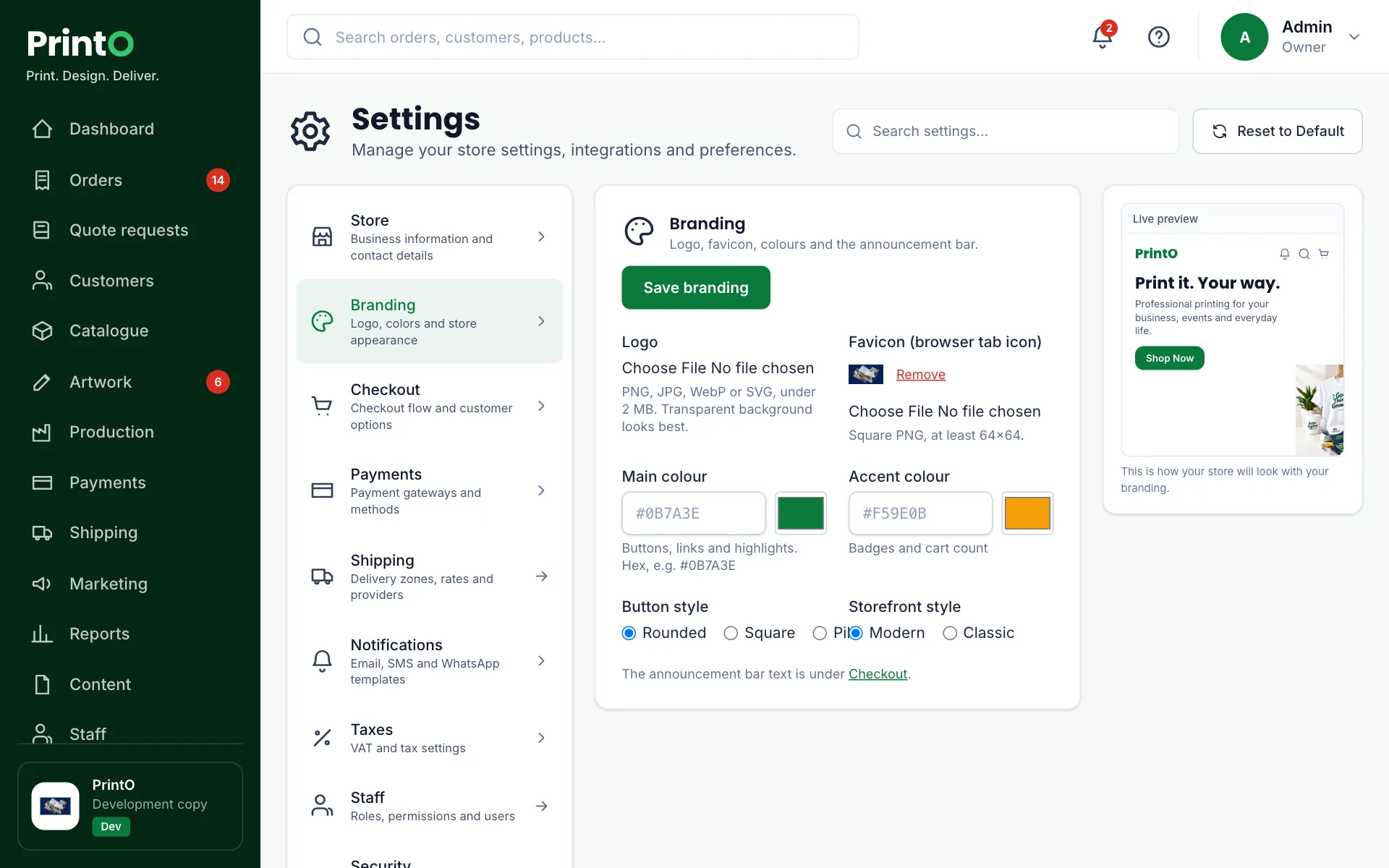PrintO reports & branding, second screen