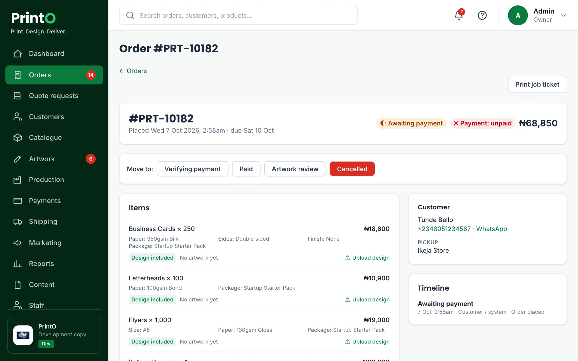 PrintO orders & production screen