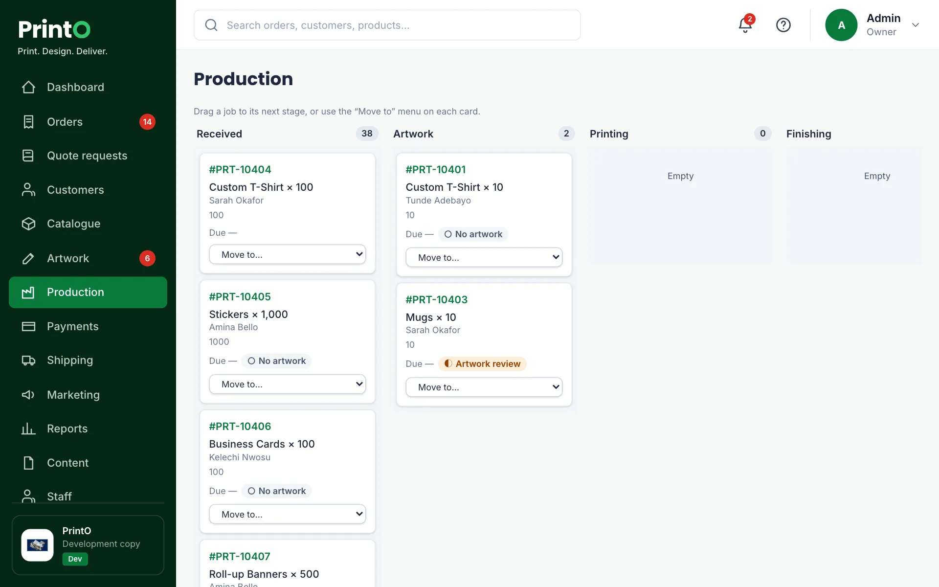 PrintO production screen