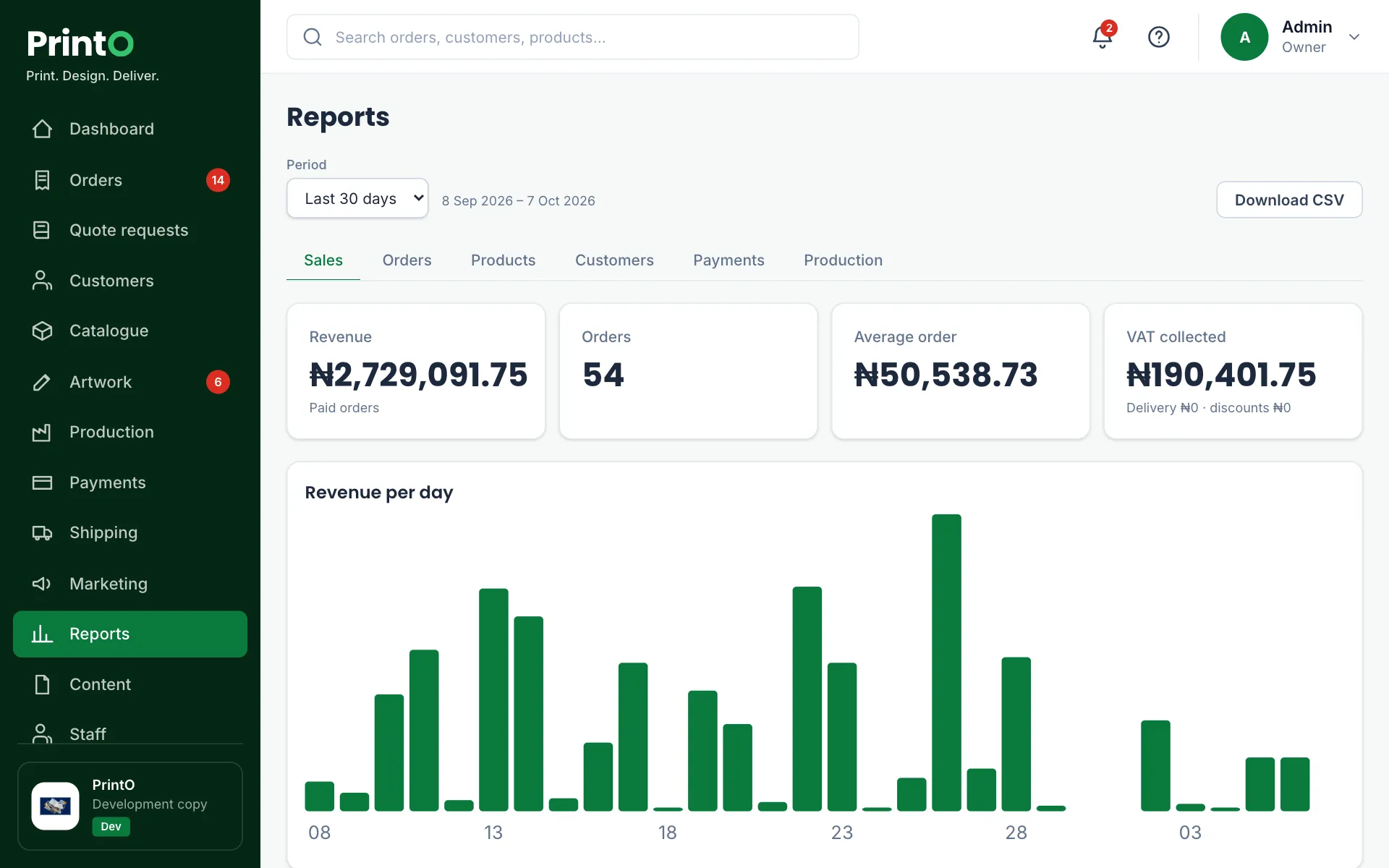 PrintO reports & branding screen