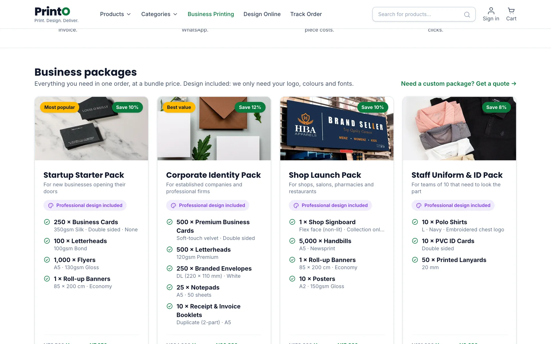 PrintO packages & business buyers screen