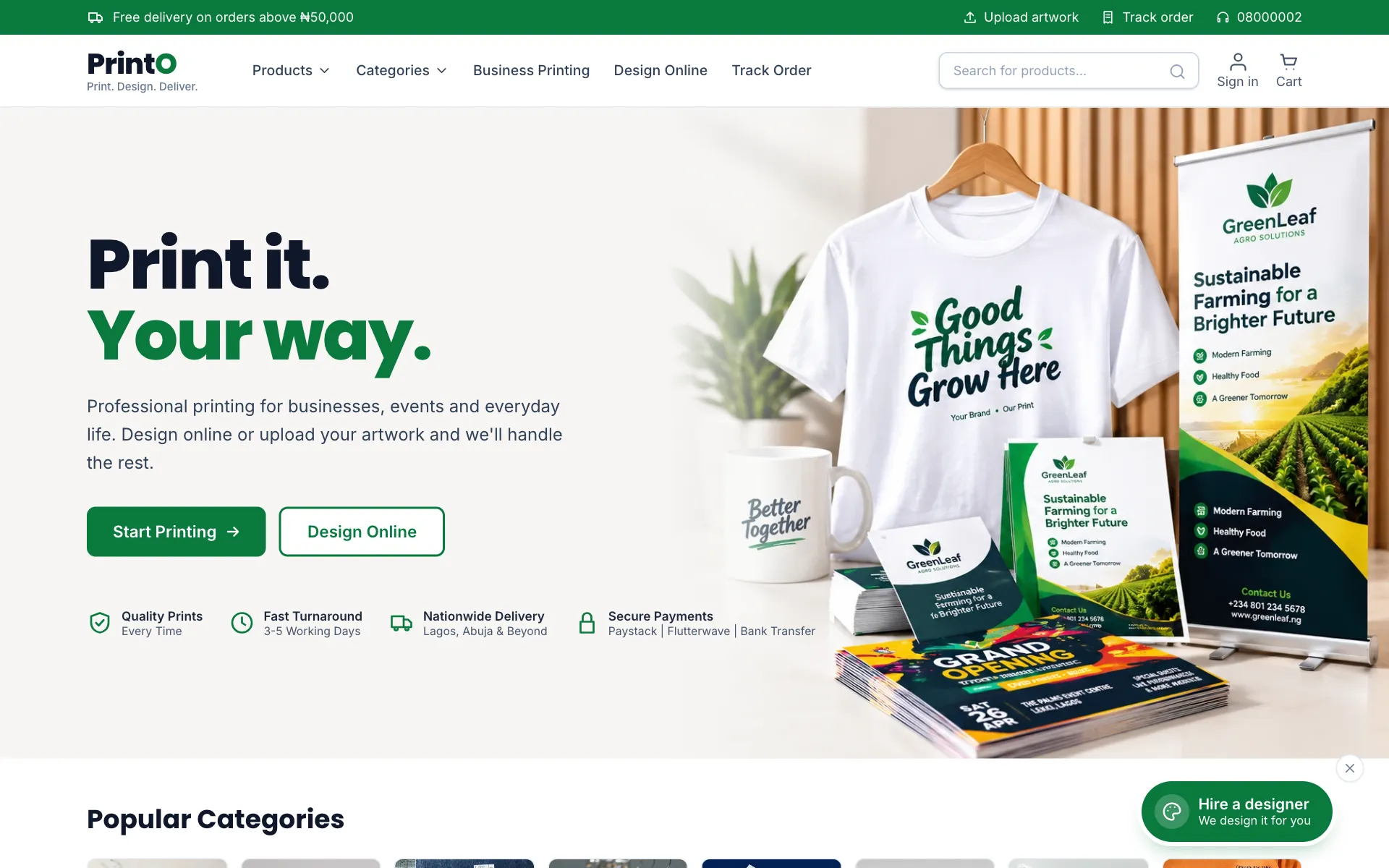 A PrintO storefront home page with categories and a hero banner